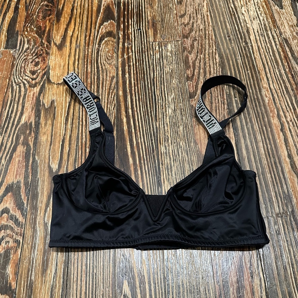 VICTORIAS SECRET BLACK SHINE Women's Bra with NO PADDING Embellished Straps